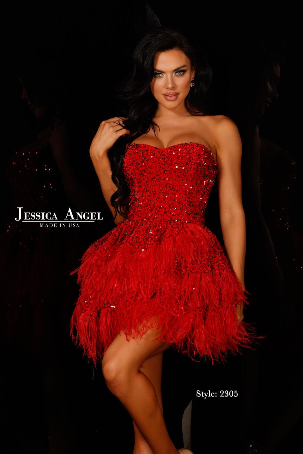 Jessica Angel 2305 sequin feather cocktail dress front view