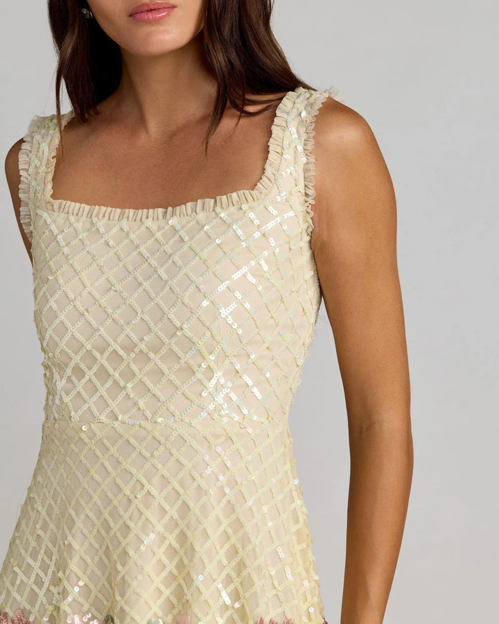 Ivory Floral Sequin Square Neck Mini Dress - FOSTANI.com