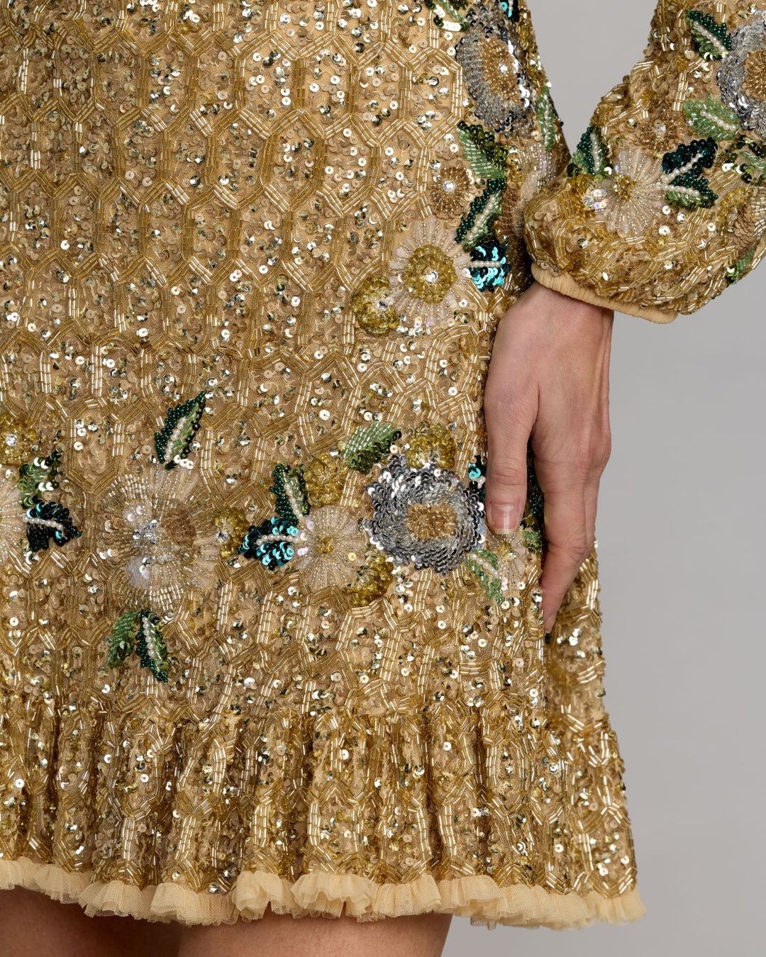 Mac Duggal 23102 Floral Hand Beaded Long Sleeve Mini Dress