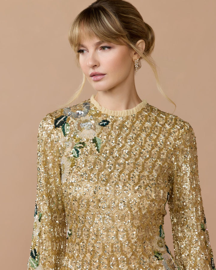 Mac Duggal 23102 Floral Hand Beaded Long Sleeve Mini Dress