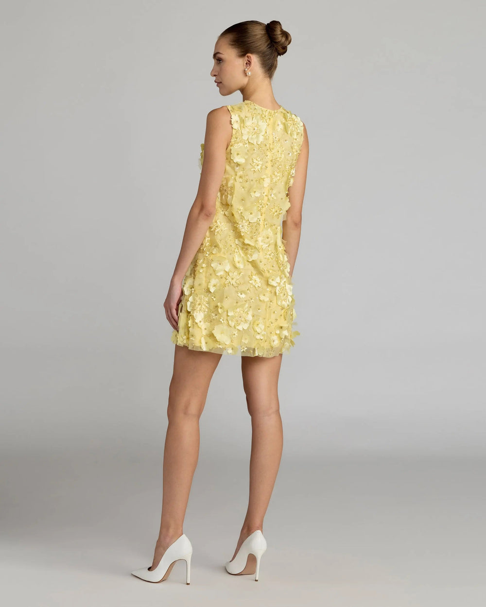 Yellow 3D Floral Embellished Sleeveless Mini Dress - FOSTANI.com