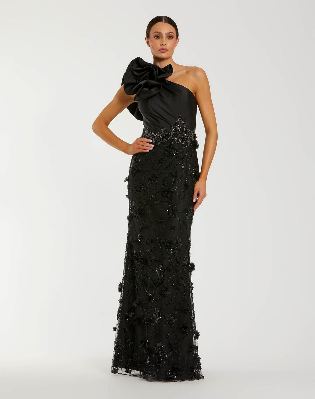 Mac Duggal 2349 Ruffle One Shoulder Embellished Evening Gown