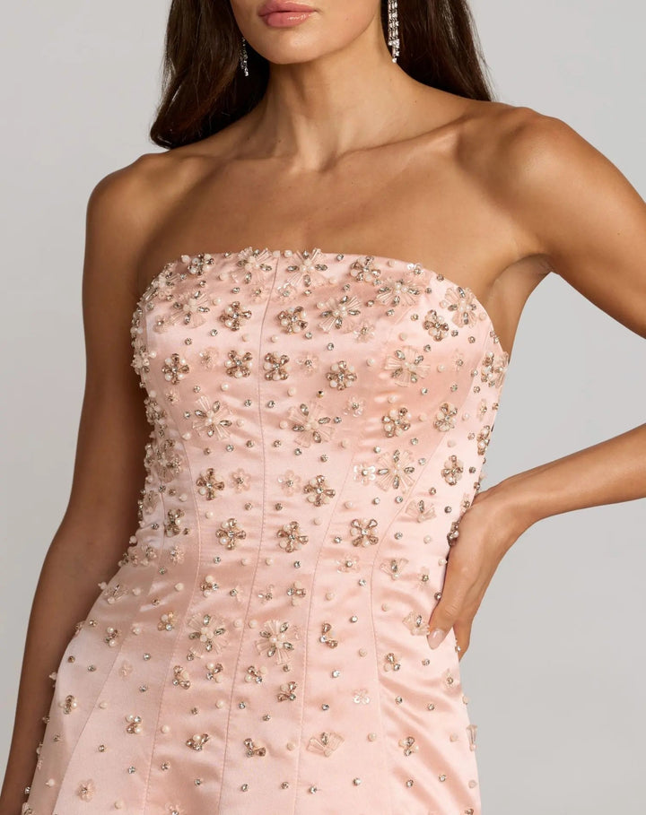 Pink Strapless Embellished Satin Ball Gown With Pockets - FOSTANI.com