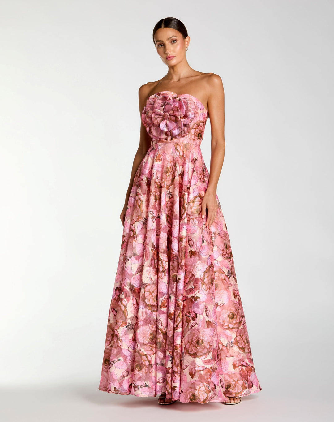 Mac Duggal 2360 Strapless Floral Printed A-Line Gown With 3D Flower