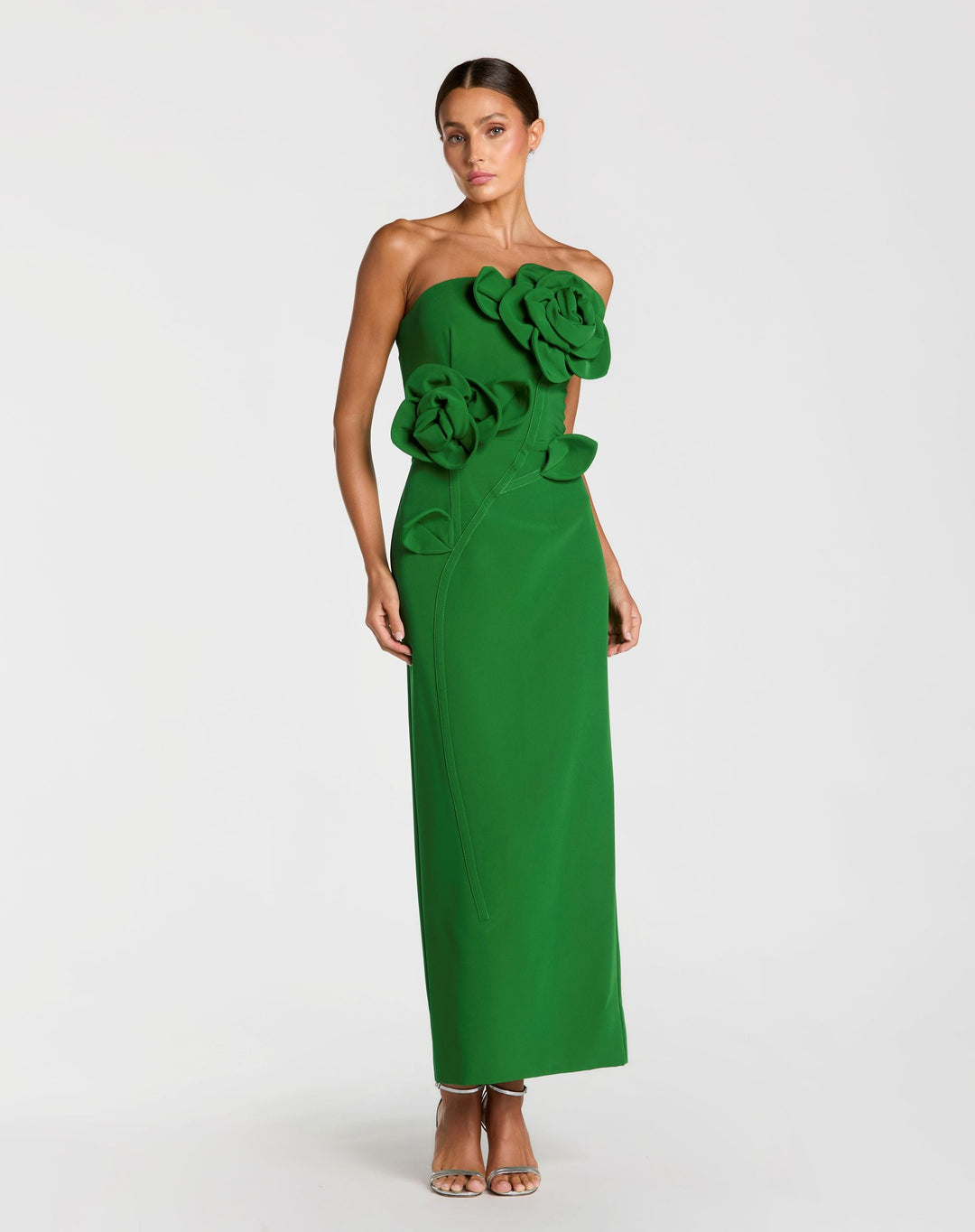 Green Strapless Crepe Dress With 3D Flower Detail - FOSTANI.com