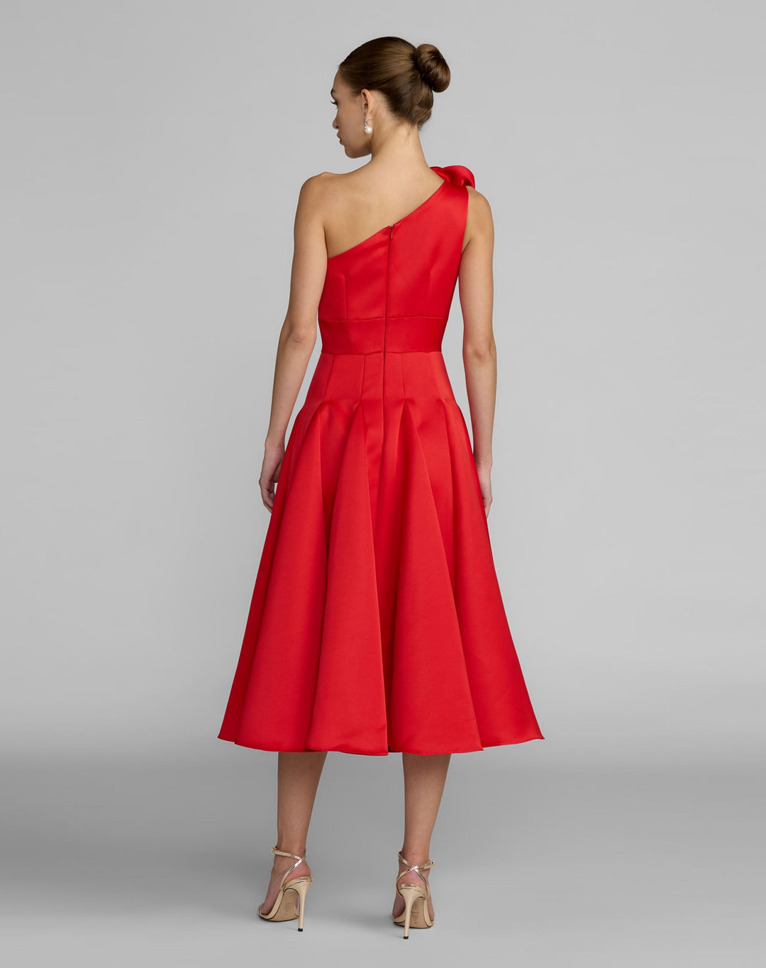 Mac Duggal 2364 Red One Shoulder Satin Midi Dress With 3D Flower