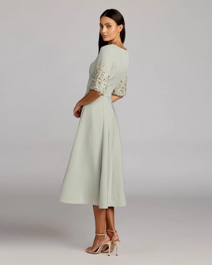 Green Crepe A Line Midi Dress With Beaded Sleeves - FOSTANI.com