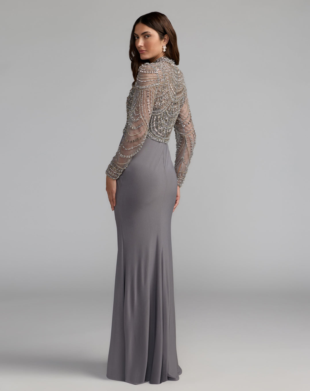 Mac Duggal 2377 Beaded Jersey Mock Neck Long Sleeve Gown
