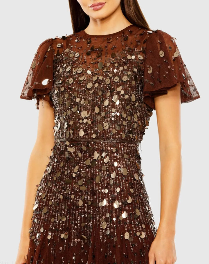 Mac Duggal 24018 Brown High Neck Flutter Sleeve Embellished Midi Dress