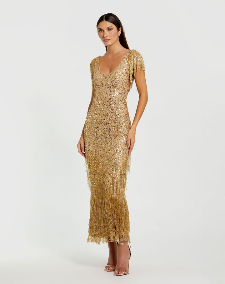 Mac Duggal 24068 Beaded Fringe Scoop Neck Midi Dress