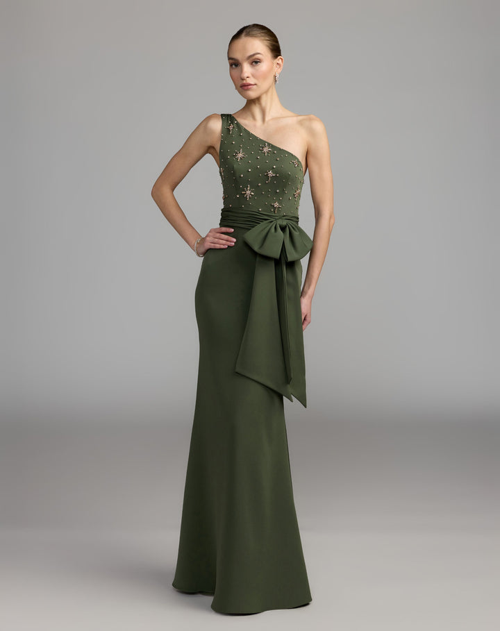 Mac Duggal 2414 Embellished One Shoulder Crepe Gown With Bow