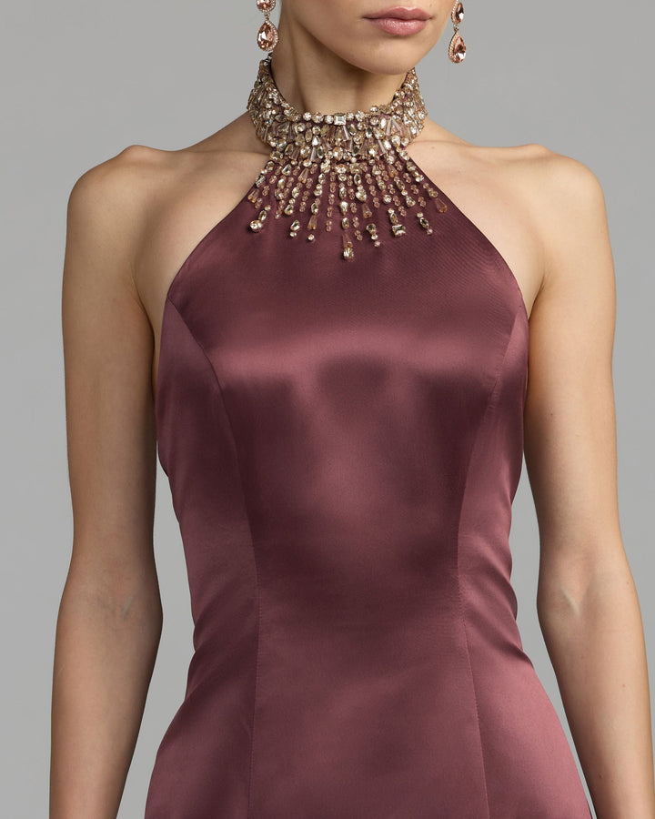 Mac Duggal 2429 Satin Embellished Halter Mermaid Gown
