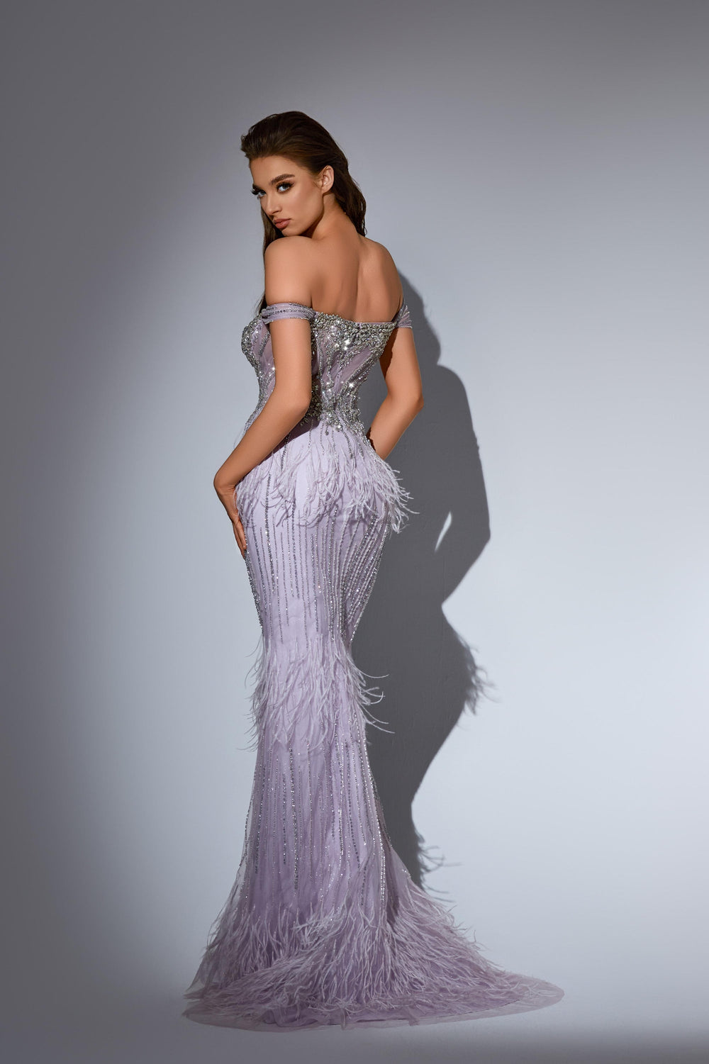 Delilah LD11442 Sweetheart Beaded Corset Mermaid Gown with Feather Skirt - Purple back view