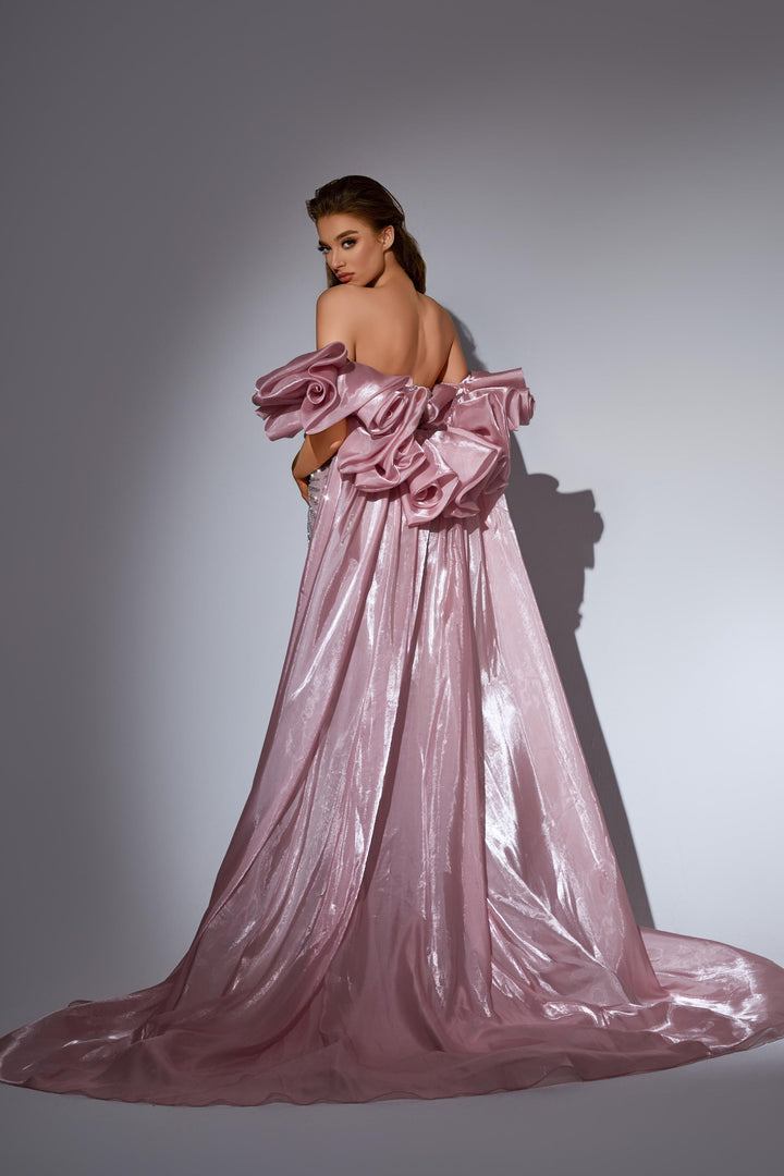 Delilah LD11441 Strapless Beaded Corset Mermaid Gown with Rosette Overskirt Train - Pink back view