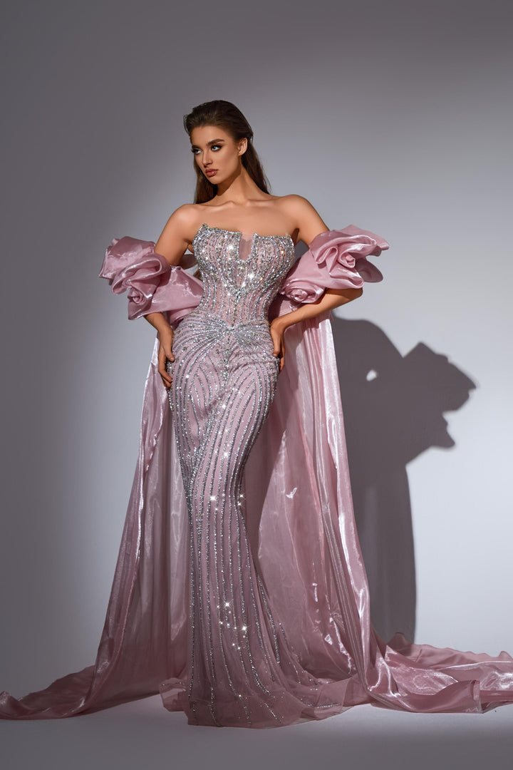 Delilah LD11441 Strapless Beaded Corset Mermaid Gown with Rosette Overskirt Train - Pink front view