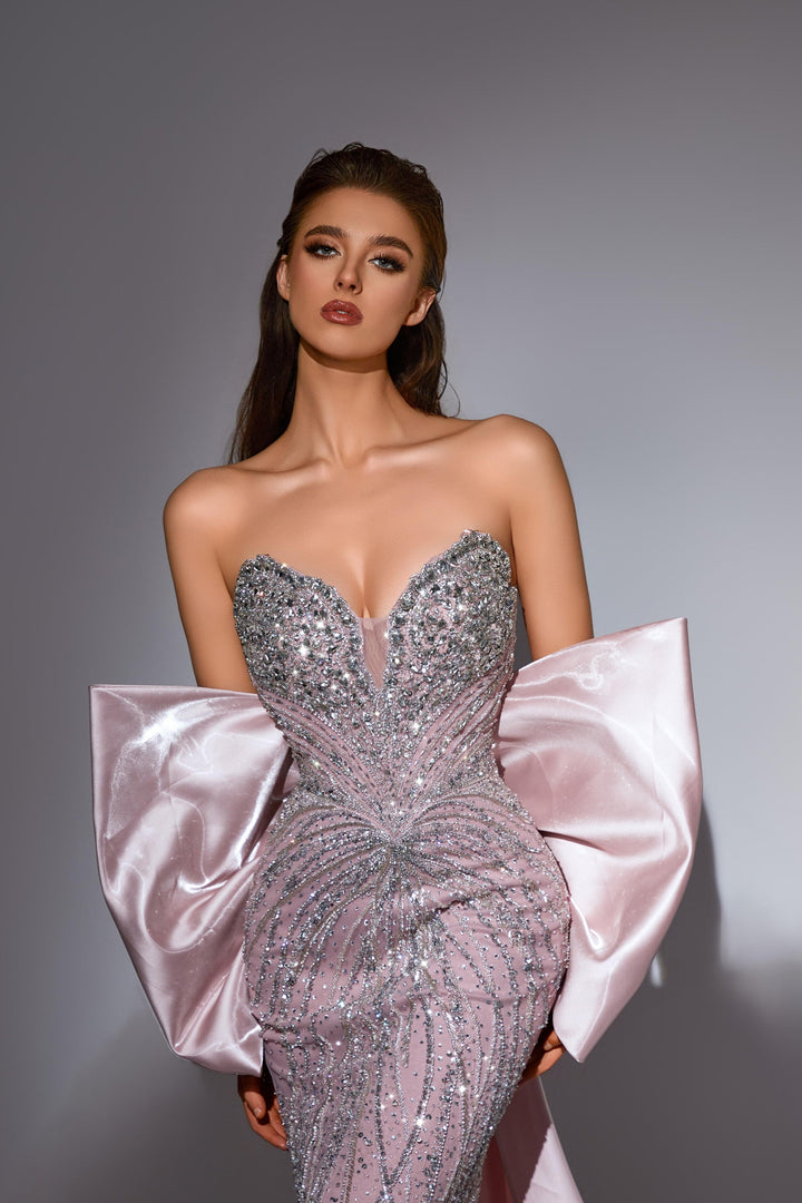 Delilah LD11486 Strapless Sweetheart Beaded Corset Sheath Gown with Oversized Back Bow Train - Pink close-up view