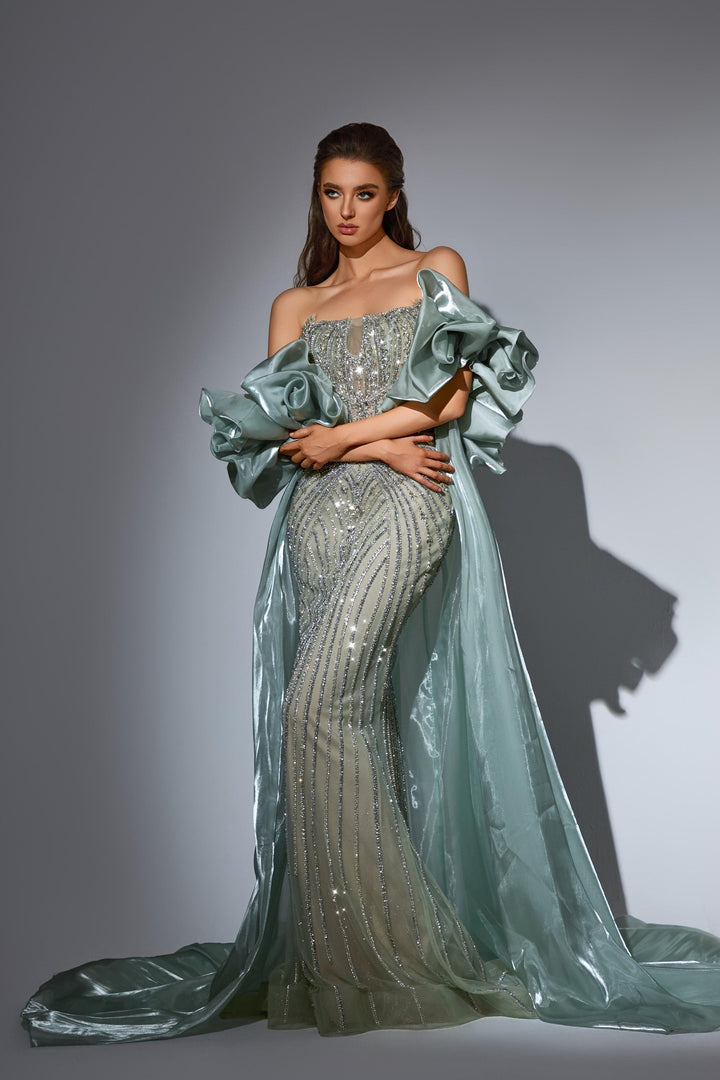 Delilah LD11441 Strapless Beaded Corset Mermaid Gown with Rosette Overskirt Train - Mint front view