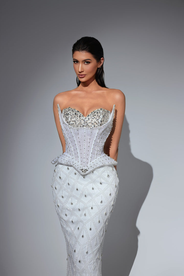 Delilah LD23012 Strapless Crystal Cup Corset Sheath Gown with Peplum and Teardrop Crystals - White close-up view