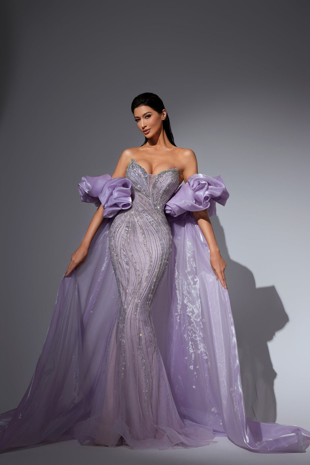 Delilah HM402 Strapless Plunging Sweetheart Beaded Mermaid Gown with Ruffled Overskirt - Lavender front view