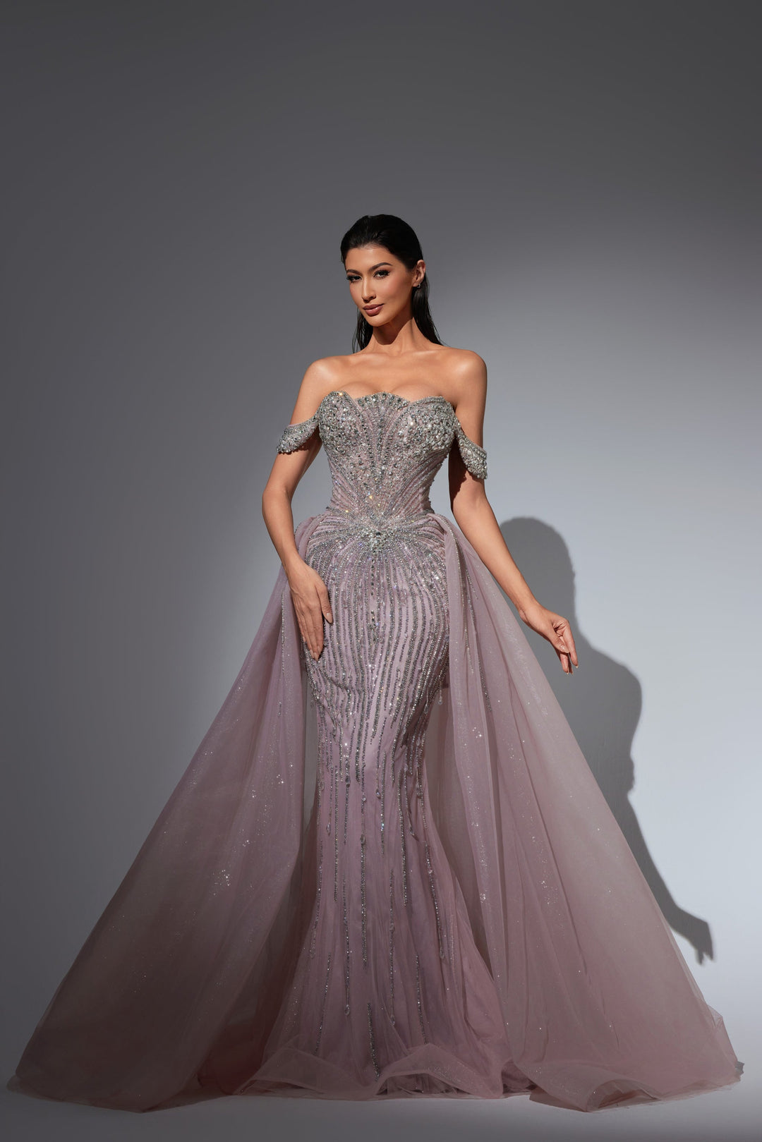 Delilah LD11490 Off-the-Shoulder Scalloped Sweetheart Beaded Corset Gown with Sparkle Overskirt - Pink front view