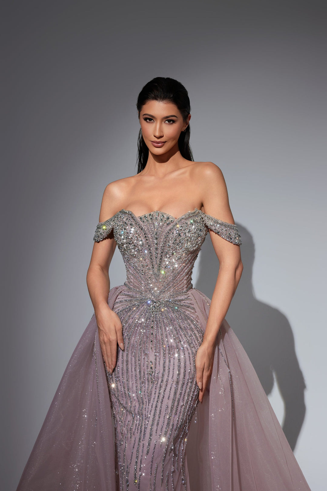 Delilah LD11490 Off-the-Shoulder Scalloped Sweetheart Beaded Corset Gown with Sparkle Overskirt - Pink close-up view