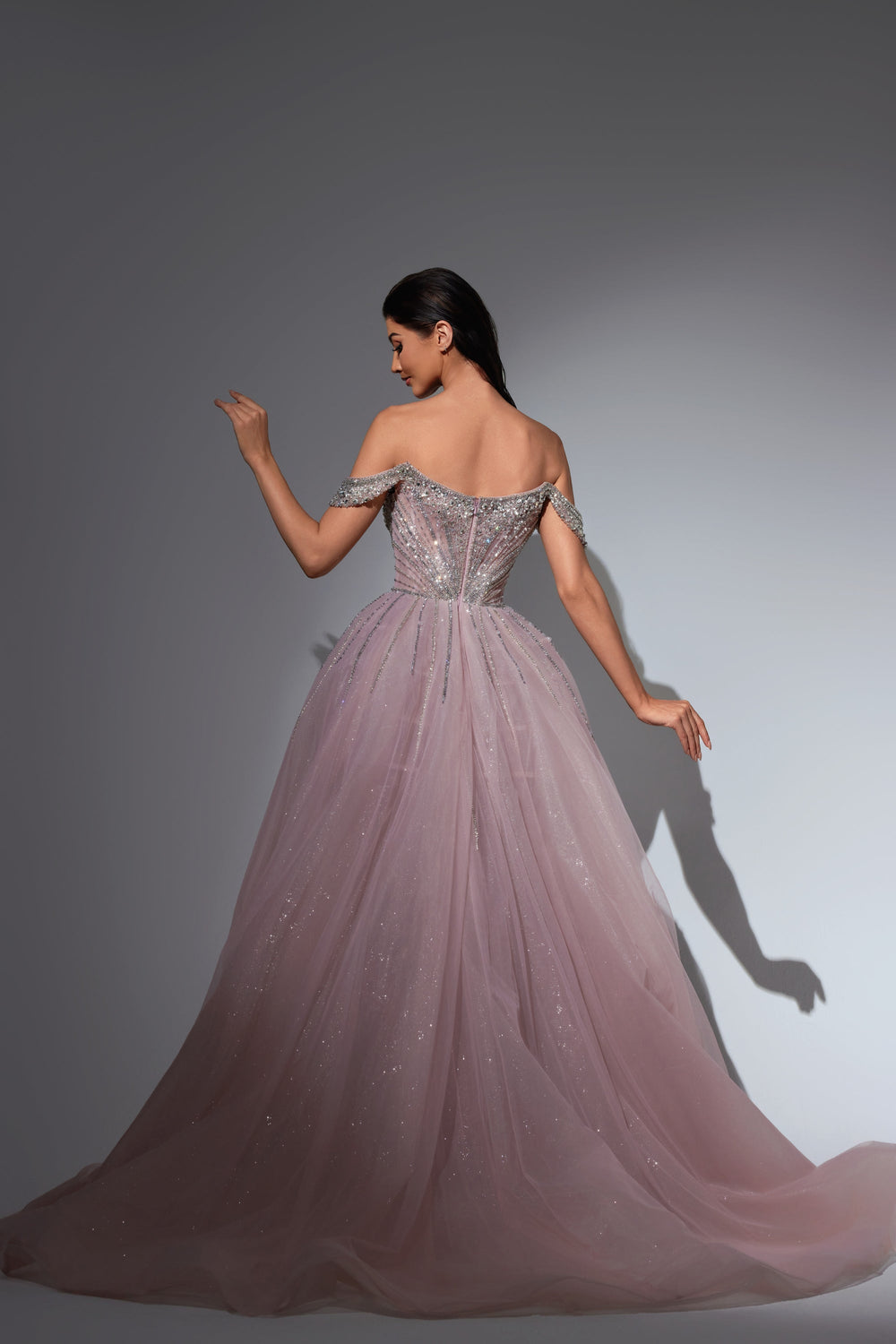 Delilah LD11490 Off-the-Shoulder Scalloped Sweetheart Beaded Corset Gown with Sparkle Overskirt - Pink back view