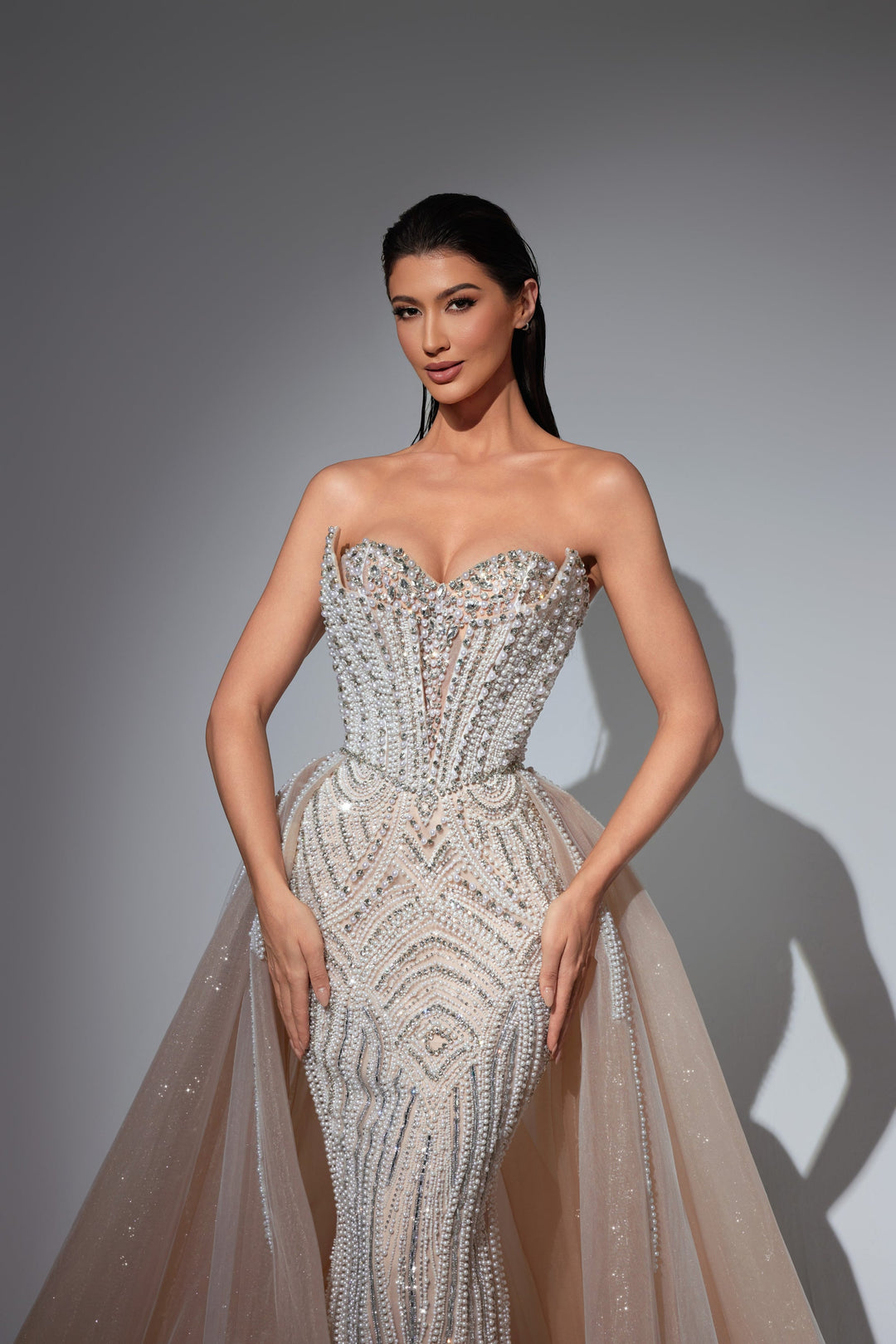 Delilah LD21131 Strapless Pearl and Crystal Corset Sheath Gown with Full Overskirt - White close-up view
