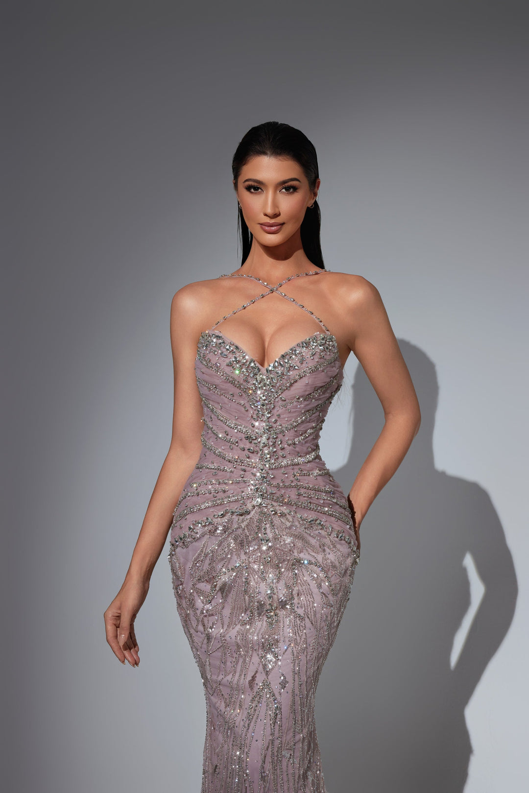 Delilah LD21122 Sweetheart Beaded Sheath Gown with Crisscross Straps and Feather Hem - Pink close-up view
