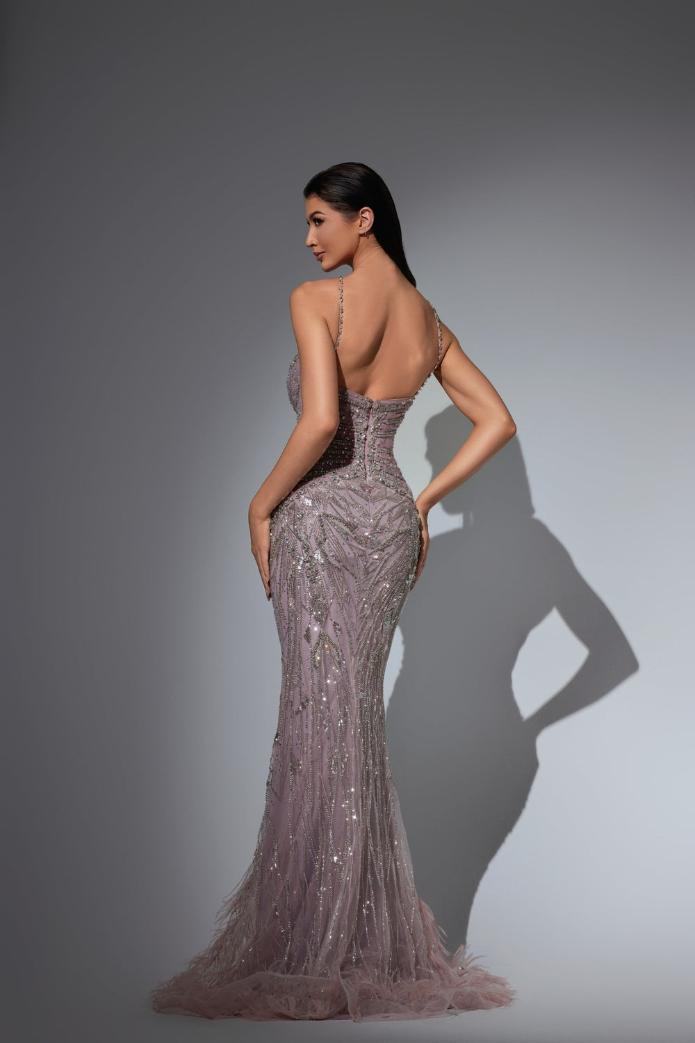 Delilah LD21122 Sweetheart Beaded Sheath Gown with Crisscross Straps and Feather Hem - Pink back view