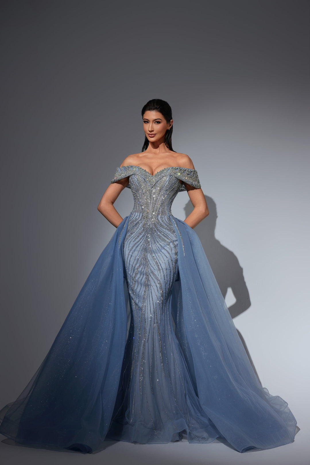 Delilah LD11416 Off-the-Shoulder Beaded Corset Mermaid Gown with Sparkle Overskirt - G.Blue front view