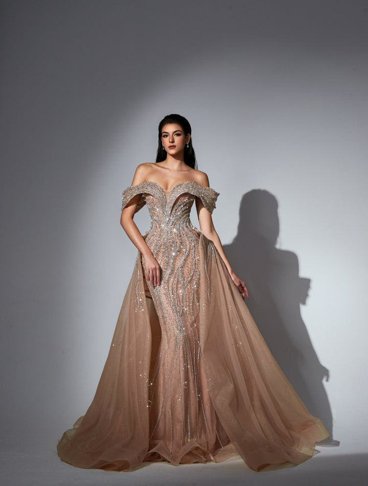 Delilah LD11538 Off-the-Shoulder Plunging Beaded Mermaid Gown with Sparkle Overskirt - Champagne front view