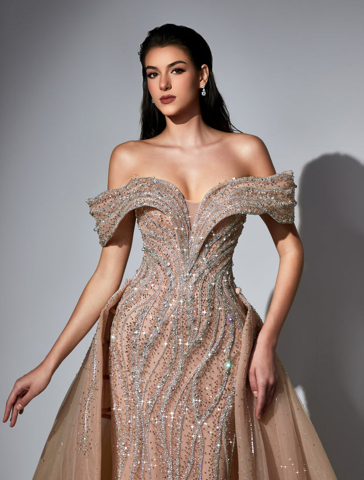 Delilah LD11538 Off-the-Shoulder Plunging Beaded Mermaid Gown with Sparkle Overskirt - Champagne close-up view