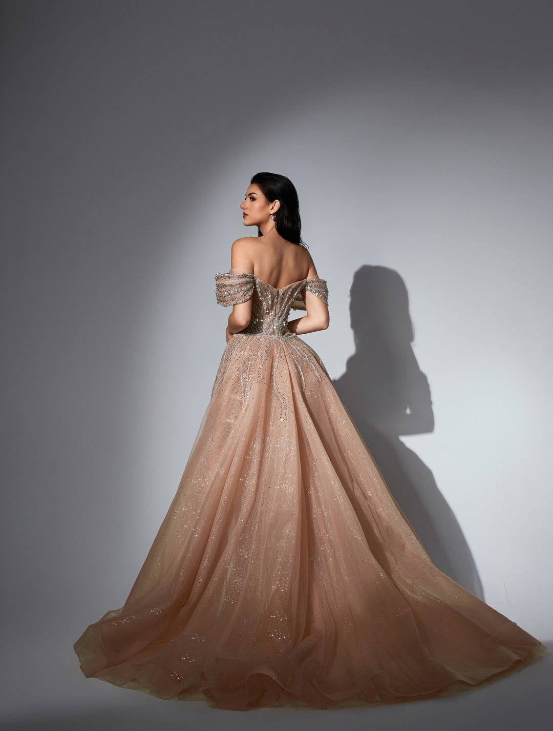 Delilah LD11538 Off-the-Shoulder Plunging Beaded Mermaid Gown with Sparkle Overskirt - Champagne back view