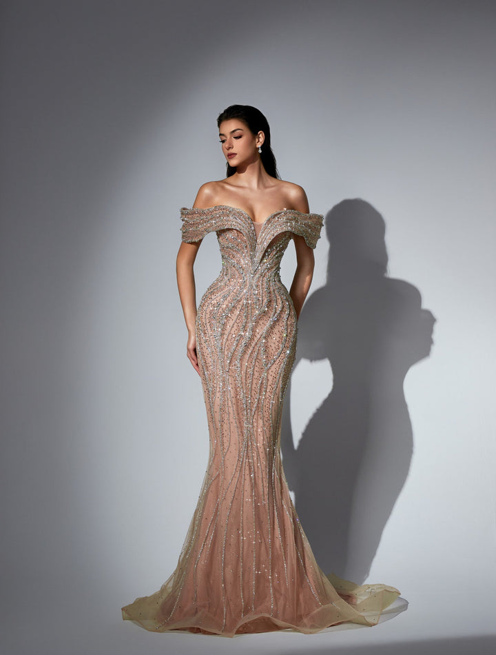 Delilah LD11538 Off-the-Shoulder Plunging Beaded Mermaid Gown with Sparkle Overskirt - Champagne front view