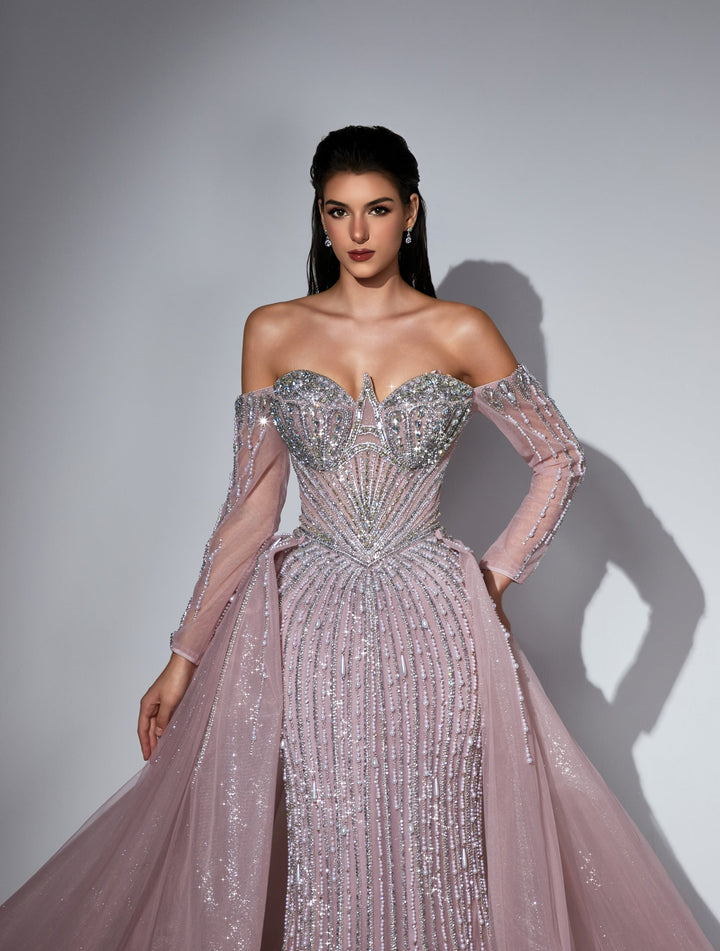 Delilah LD11539 Off-the-Shoulder Long Sleeve Beaded Corset Sheath Gown with Sparkle Overskirt - Pink close-up view