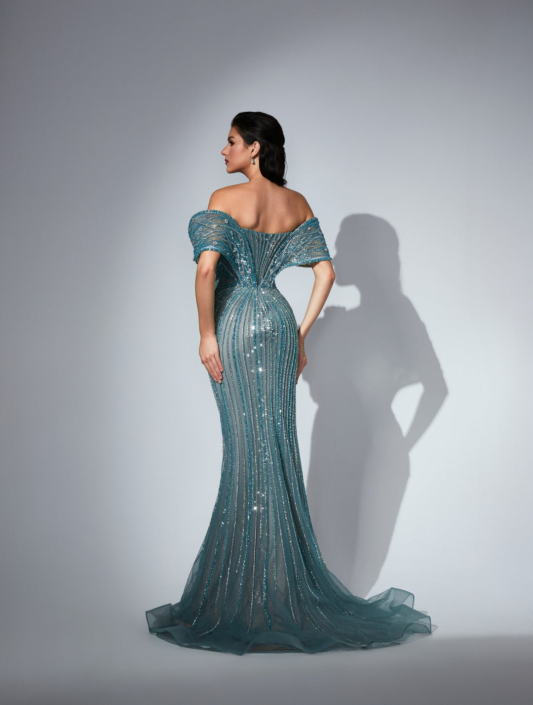 Delilah LD11591 Off-the-Shoulder Folded Band Sweetheart Beaded Corset Mermaid Gown - Green back view