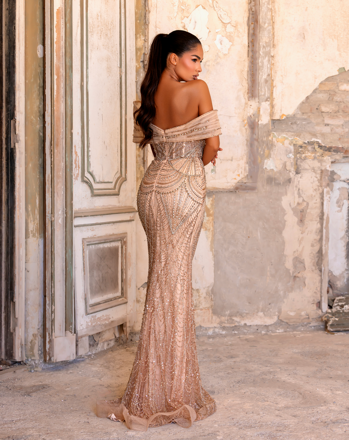 Delilah LD21120 Off-the-Shoulder Draped Band Crystal Corset Sheath Evening Gown - Champagne back view