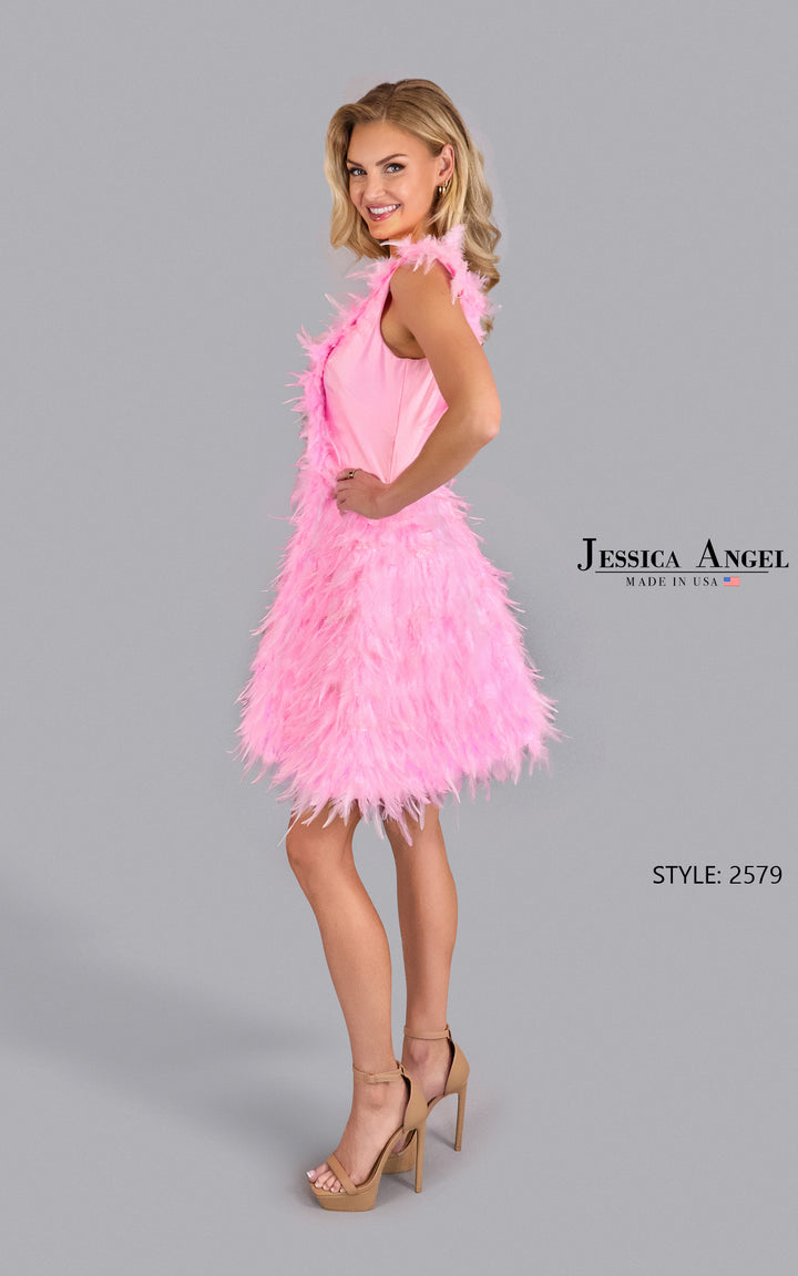Jessica Angel 2579 feather cocktail dress side view