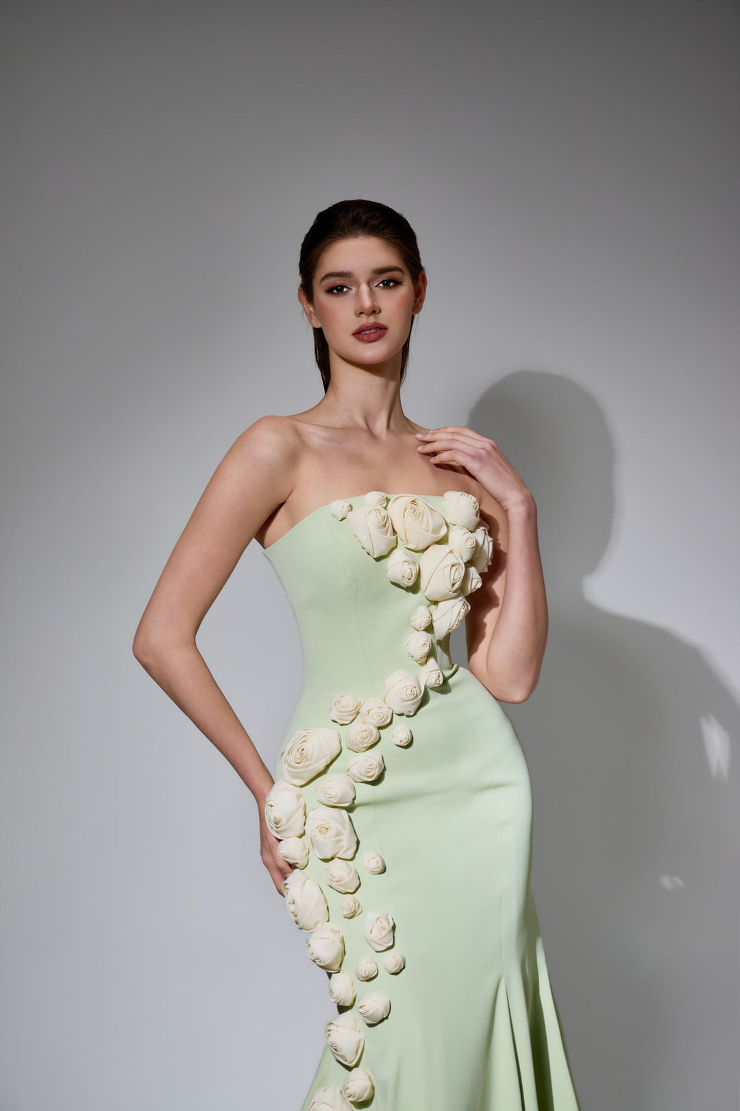 Delilah LD41004 Strapless Mermaid Gown with Cascading 3D Flowers - Mint close-up view