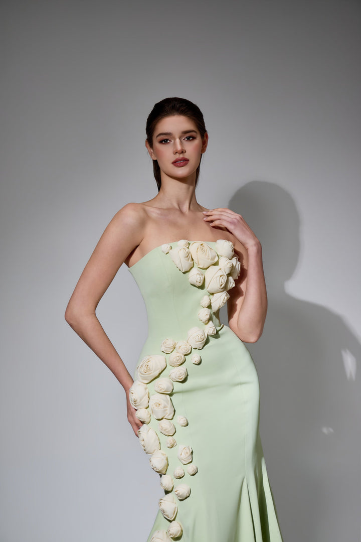 Delilah LD41004 Strapless Mermaid Gown with Cascading 3D Flowers - Mint close-up view