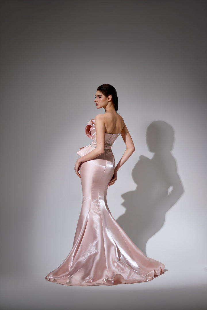 Delilah LD41044 Strapless Pleated Mermaid Gown with Ruffled Peplum and Crystal Waist - Pink back view