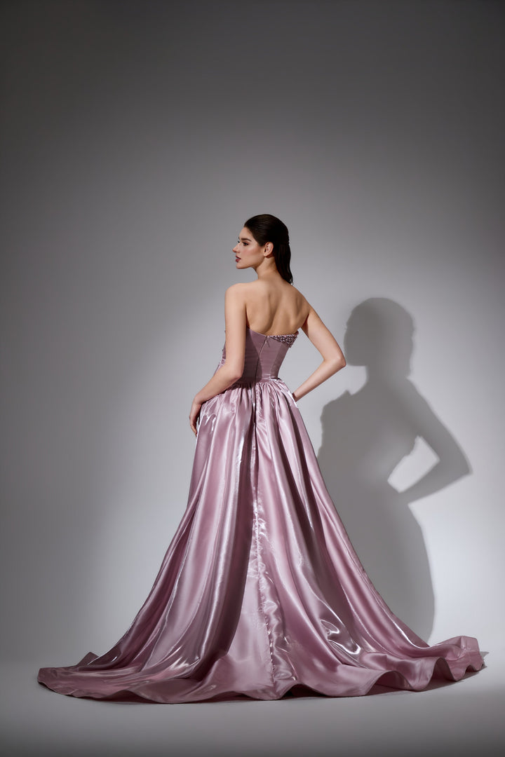 Delilah LD41026 Strapless Asymmetric Draped Sheath Gown with Beaded Accent and Overskirt Train - Pink back view