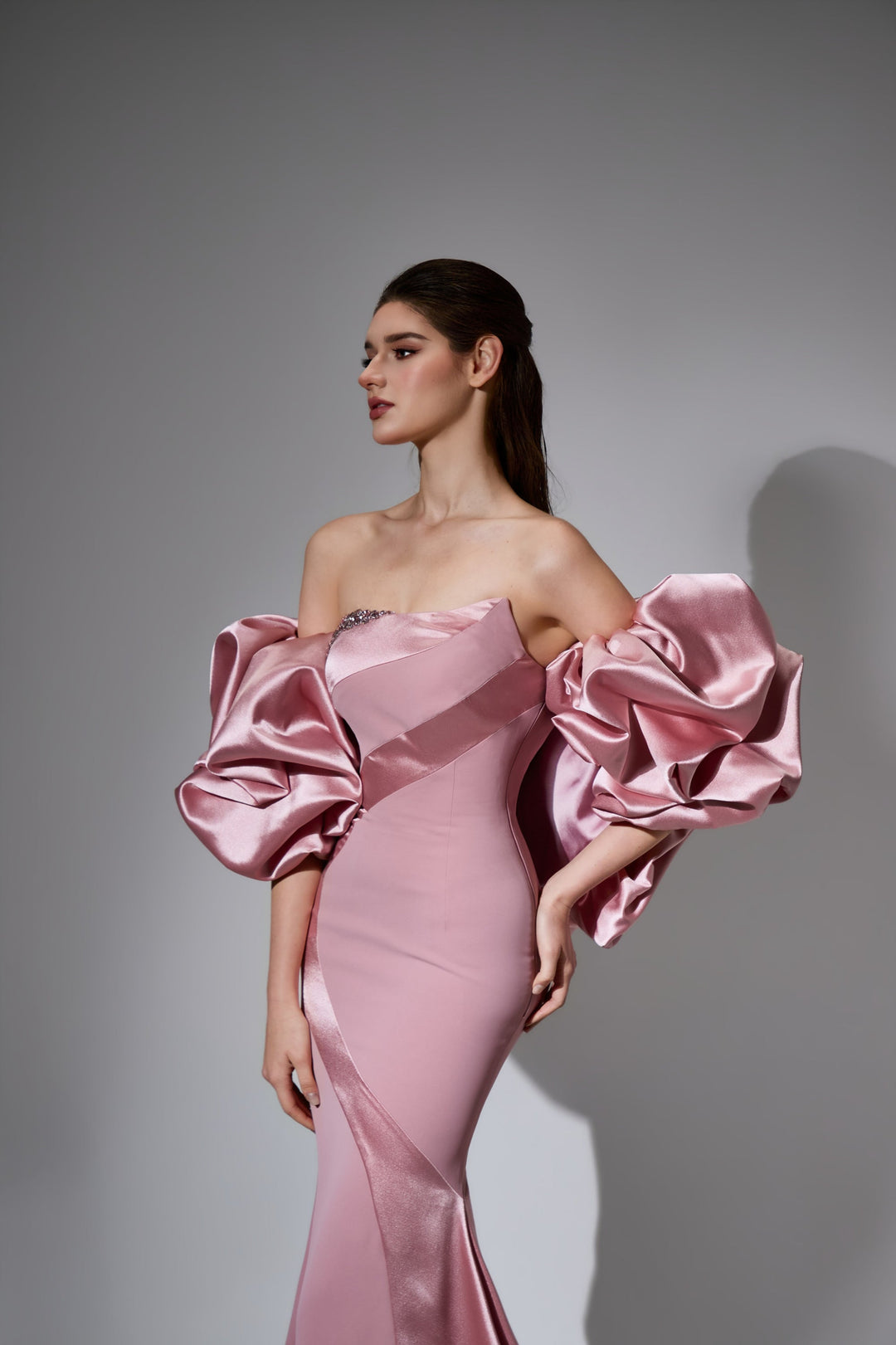 Delilah LD41033 Strapless Asymmetric Draped Mermaid Gown with Beaded Neckline - Pink close-up view