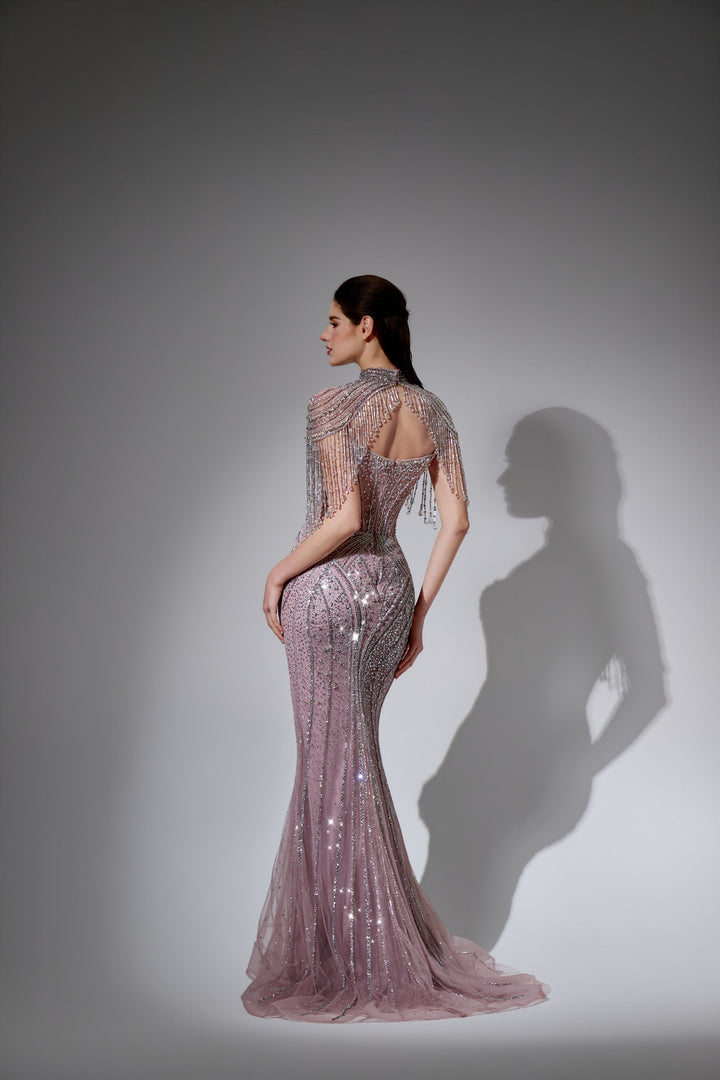 Delilah LD11596 Beaded Corset Sheath Gown with High Choker Collar and Crystal Fringe Shoulders - Pink back view