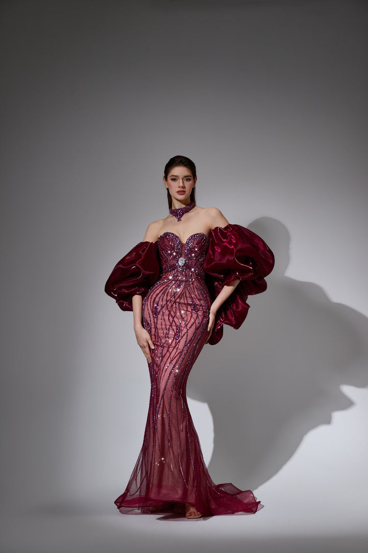 Delilah LD12056 Strapless Sweetheart Beaded Sheath Gown with Oversized Ruffled Arm Puffs - Red front view
