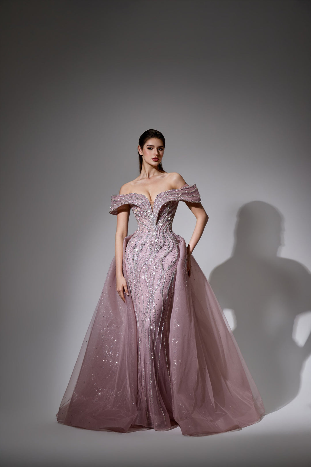 Delilah LD11538 Off-the-Shoulder Plunging Beaded Mermaid Gown with Sparkle Overskirt - Pink front view