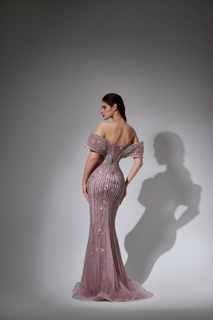 Delilah LD11591 Off-the-Shoulder Folded Band Sweetheart Beaded Corset Mermaid Gown - Pink back view