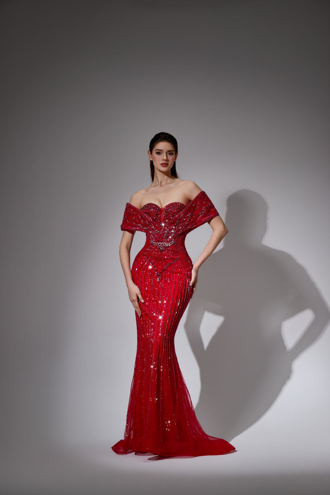 Delilah LD11591 Off-the-Shoulder Folded Band Sweetheart Beaded Corset Mermaid Gown - Red front view