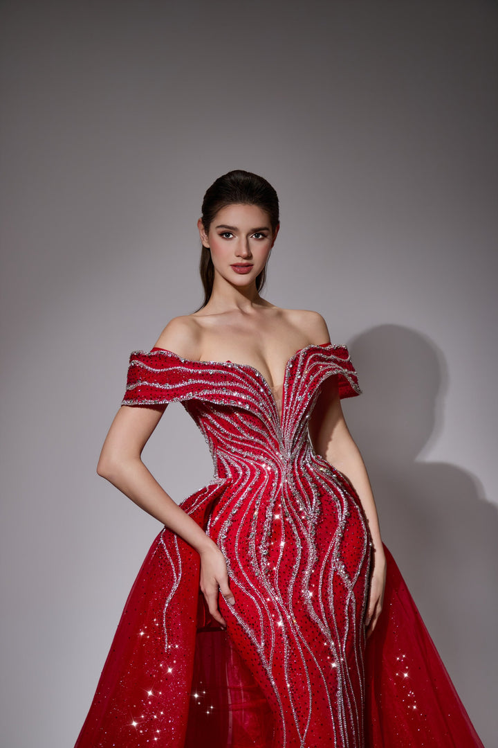 Delilah LD11538 Off-the-Shoulder Plunging Beaded Mermaid Gown with Sparkle Overskirt - Red close-up view