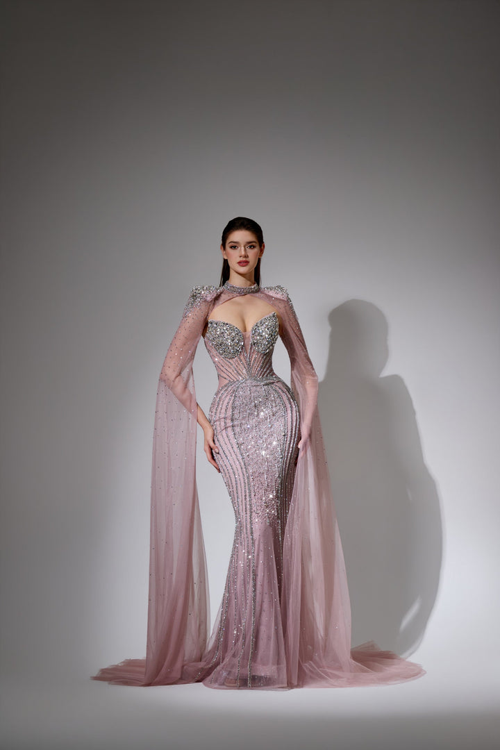 Delilah LD11478 Strapless Beaded Corset Mermaid Gown with Choker Capelet and Floor-Length Cape Sleeves - Pink front view